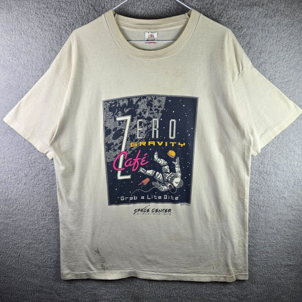 1992 Zero Gravity Cafe T-Shirt 1990s Mens XL Beige Crew Neck Short Sleeve